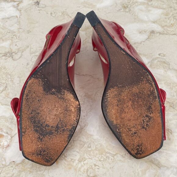 Stuart Weitzman Red Patent Leather Peep Toe Wedge Heel Pumps - Picture 12 of 12